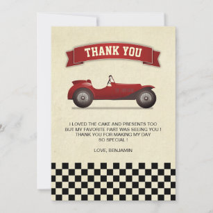Vintage Red Race Car Kids Birthday Party Thank You Card