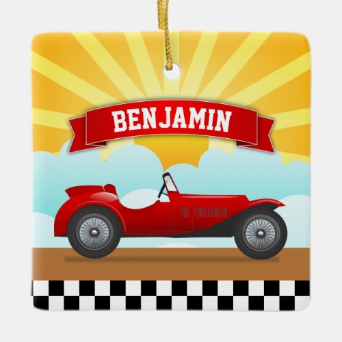 Vintage Red Race Car Personalized Name Kids Room Ceramic Ornament