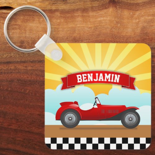 Vintage Red Race Car Personalized Name Kids Room Keychain