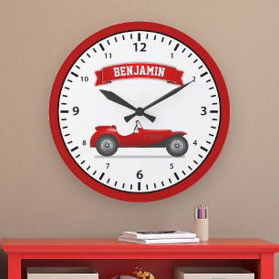 Vintage Red Race Car Personalized Name Kids Room Large Clock