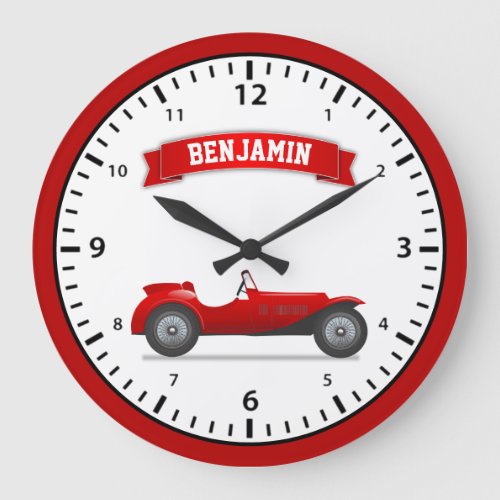 Vintage Red Race Car Personalized Name Kids Room Large Clock