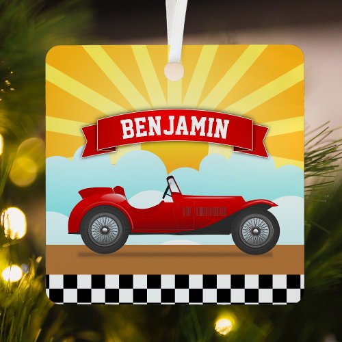 Vintage Red Race Car Personalized Name Kids Room Metal Ornament