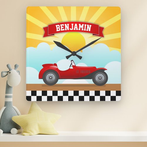 Vintage Red Race Car Personalized Name Kids Room Square Wall Clock