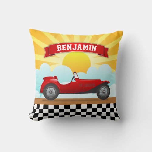 Vintage Red Race Car Personalized Name Kids Room Throw Pillow