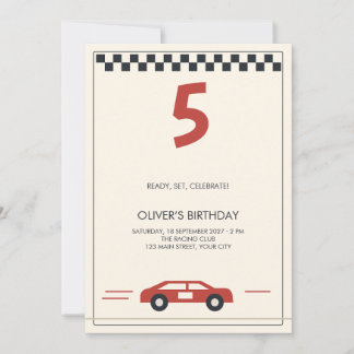 Vintage Red Racing Car Checkered Kids Birthday Invitation