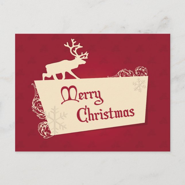 Vintage Red Reindeer and Snowflakes Christmas Holiday Postcard (Front)