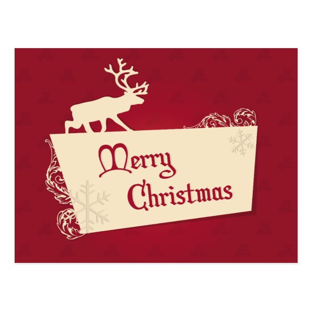 Vintage Red Reindeer And Snowflakes Christmas Postcard