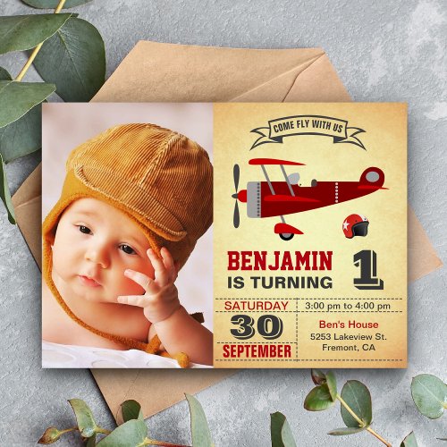 Vintage Red Retro Airplane Birthday Invitation