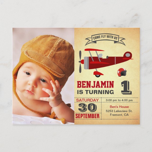 Vintage Red Retro Airplane Birthday Invitation Postcard (Front)