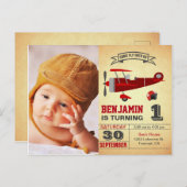 Vintage Red Retro Airplane Birthday Invitation Postcard (Front/Back)