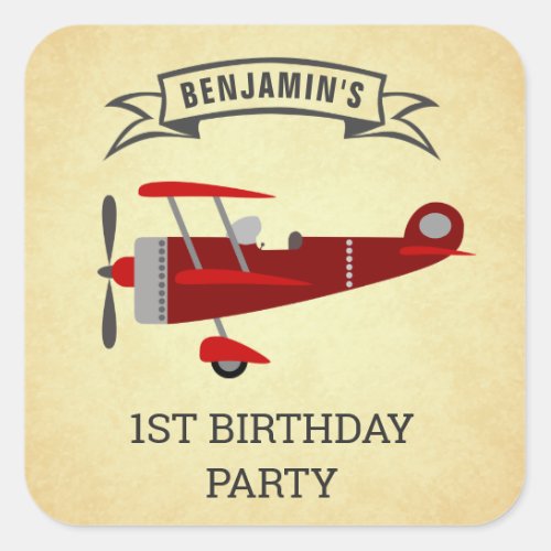 Vintage Red Retro Airplane Birthday Party Favor Square Sticker
