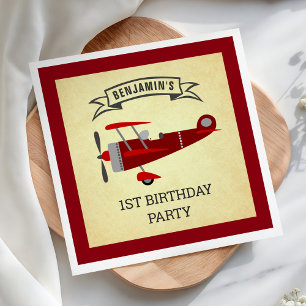Vintage Red Retro Airplane Birthday Party Paper Napkins