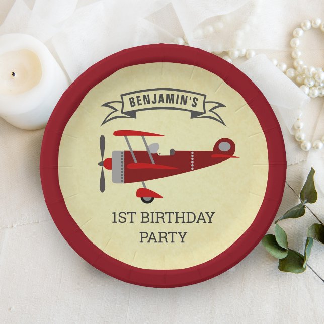 Vintage Red Retro Airplane Birthday Party Paper Plates (Creator Uploaded)
