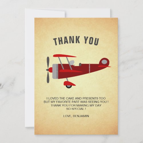 Vintage Red Retro Airplane Birthday Party Thank You Card
