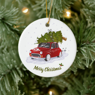 Vintage Red Retro Car Taking Christmas Tree Home Ceramic Ornament