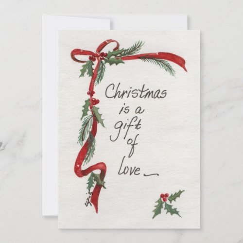 Vintage Red Ribbon and Holly Gift of Love text Holiday Card