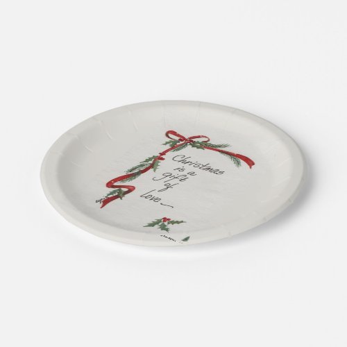 Vintage Red Ribbon and Holly Gift of Love text  Paper Plates