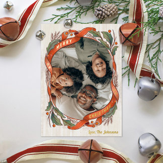 Vintage Red Ribbons Holly Merry Christmas Photo Foil Holiday Card