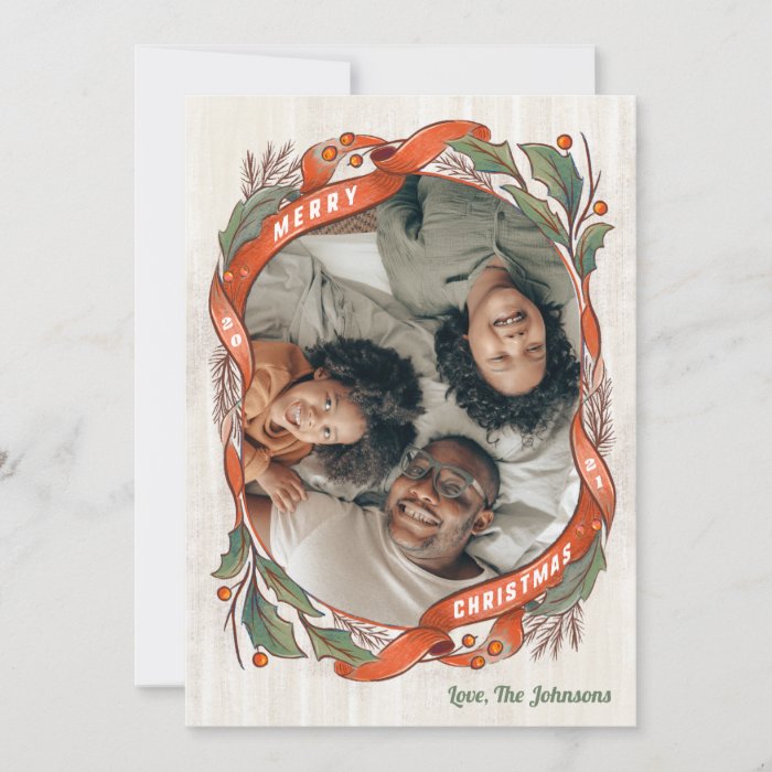 Vintage Red Ribbons Holly Merry Christmas Photo Holiday Card