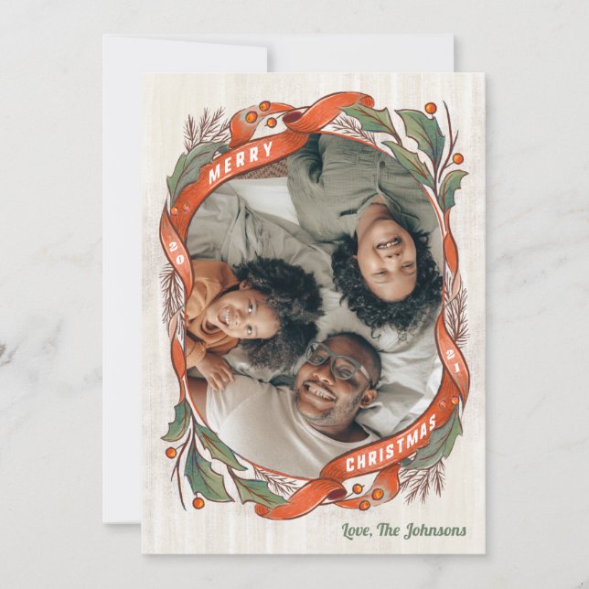 Vintage Red Ribbons Holly Photo Holiday Card (Front)