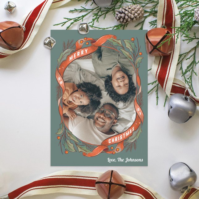 Vintage Red Ribbons Holly Photo Holiday Card (Creator Uploaded)