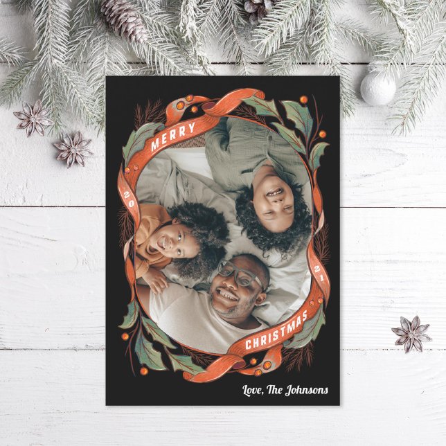 Vintage Red Ribbons Holly Photo Holiday Card (Creator Uploaded)