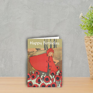 Vintage Red Riding Hood Poppy Flowers Birthday Card