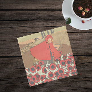 Vintage Red Riding Hood Wolf Poppy Flowers Stone Coaster
