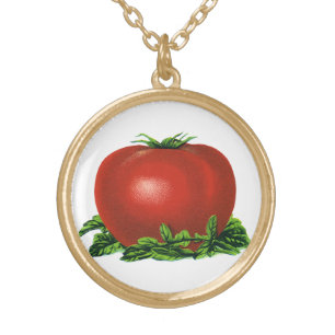 Vintage Red Ripe Tomato, Vegetables and Fruits Gold Plated Necklace
