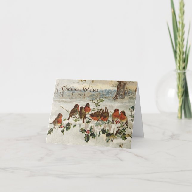 Vintage - Red Robins at Christmas, Holiday Card (Front)