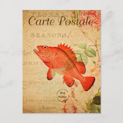 Vintage Red Rock Fish Floral Flowers French Postcard