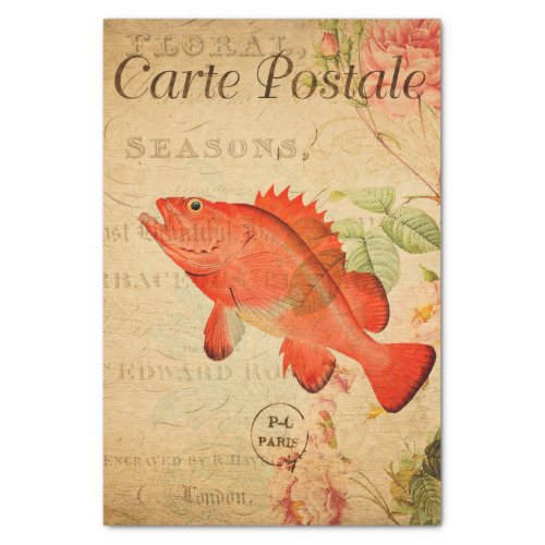 Vintage Red Rock Fish Floral Flowers French Tissue Paper