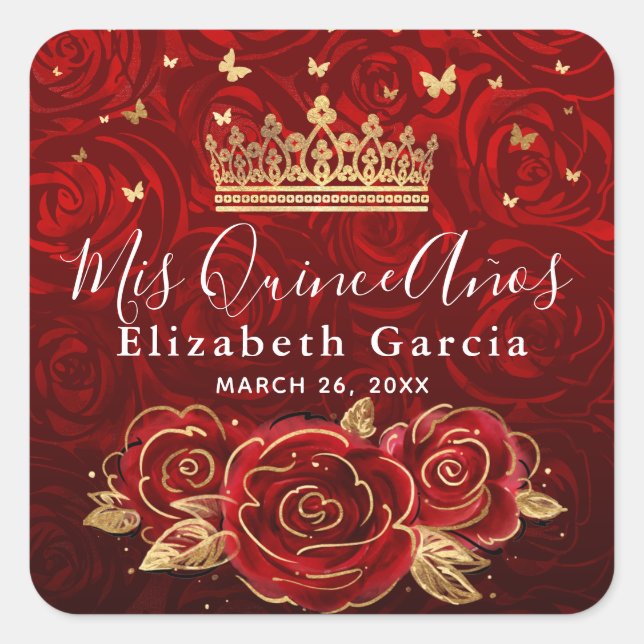 Vintage Red Rose and Gold Elegant Template Square Sticker (Front)