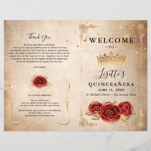 Vintage Red Rose and Gold Quinceanera Program