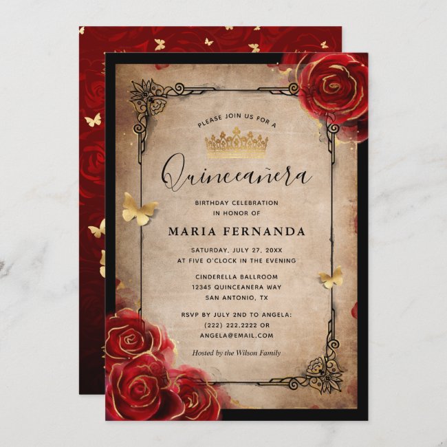 Vintage Red Rose Black Gold Elegant Quinceanera Invitation