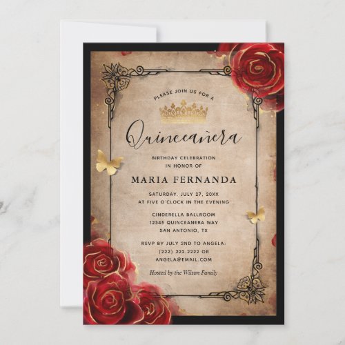 Vintage Red Rose Black Gold Elegant Quinceanera Invitation