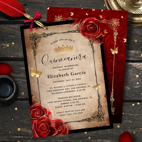 Vintage Red Rose Black Gold Elegant Quinceanera Invitation