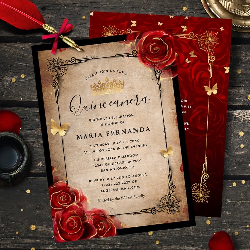 Vintage Red Rose Black Gold Elegant Quinceanera Invitation