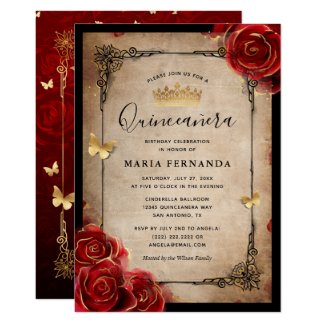 Vintage Red Rose Black Gold Elegant Quinceanera Invitation