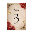 Vintage Red Rose Black Gold Table Number Cards