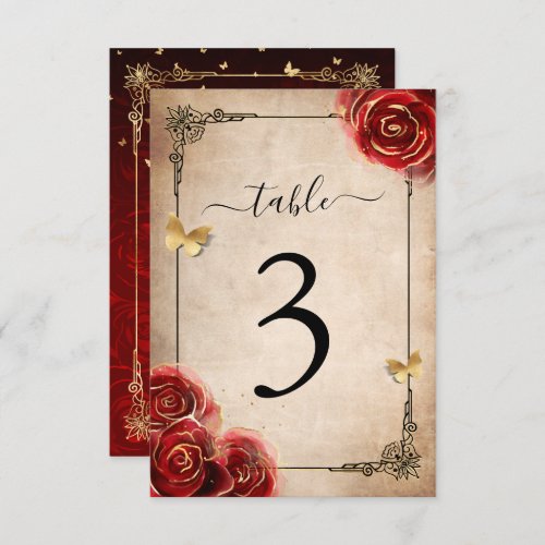Vintage Red Rose Black Gold Table Number Cards 