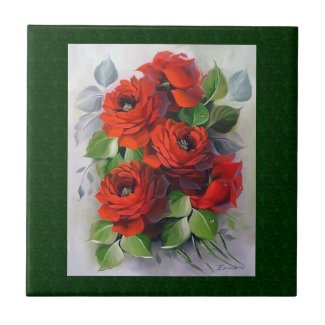 Vintage Red Rose Bouquet Ceramic Tile