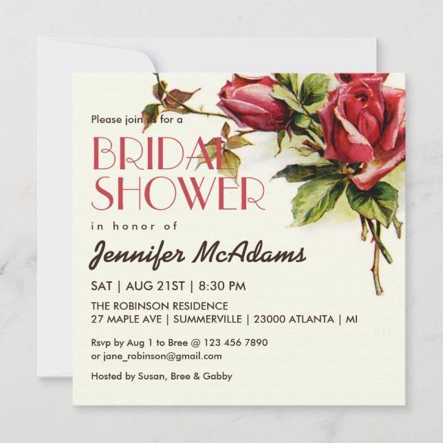 Vintage Red Rose Bridal Shower Invitation (Front)
