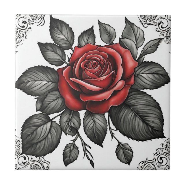 Vintage Red Rose  Ceramic Tile (Front)