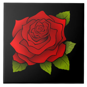 Vintage Red Rose Drawing Black Large Square Tile