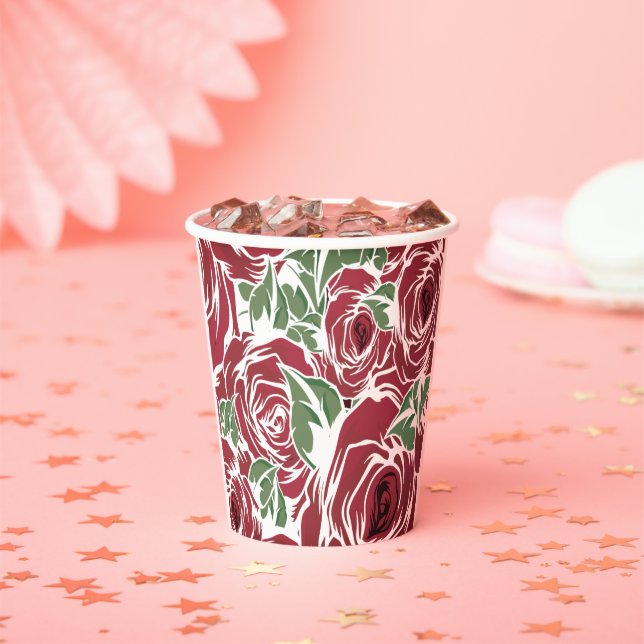 Vintage Red Rose Floral Pattern Paper Cups (Insitu)