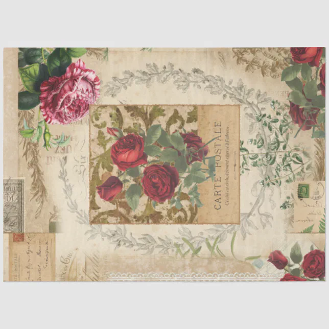 Vintage Red Rose Floral Script Ephemera Decoupage Tissue Paper | Zazzle