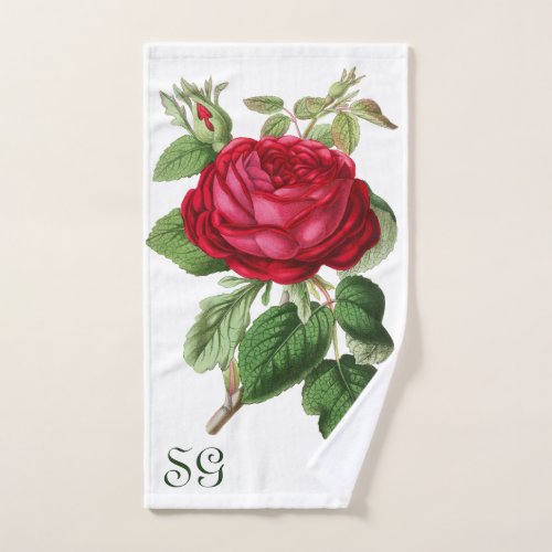 Vintage Red Rose Flower on White Monogram  Hand Towel