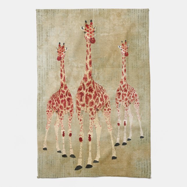 Vintage Red Rose Giraffes Towel (Vertical)