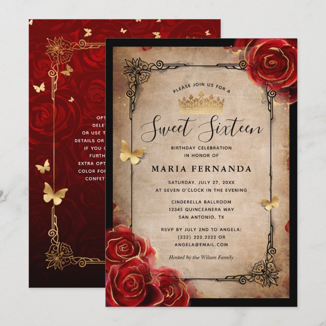 Vintage Red Rose Gold Black Elegant Sweet 16 Invitation (Front/Back)